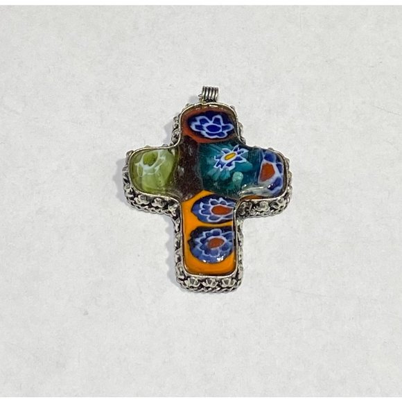 Vintage Murano Art Glass 925 Cross Pendant Italian Puffy Fine - Picture 7 of 7